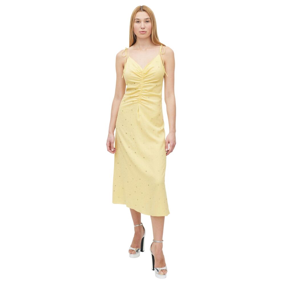 Sandro Praline Rhinestone Dress Yellow Midi Slip Plunge V Neck Tie Back US 6 M